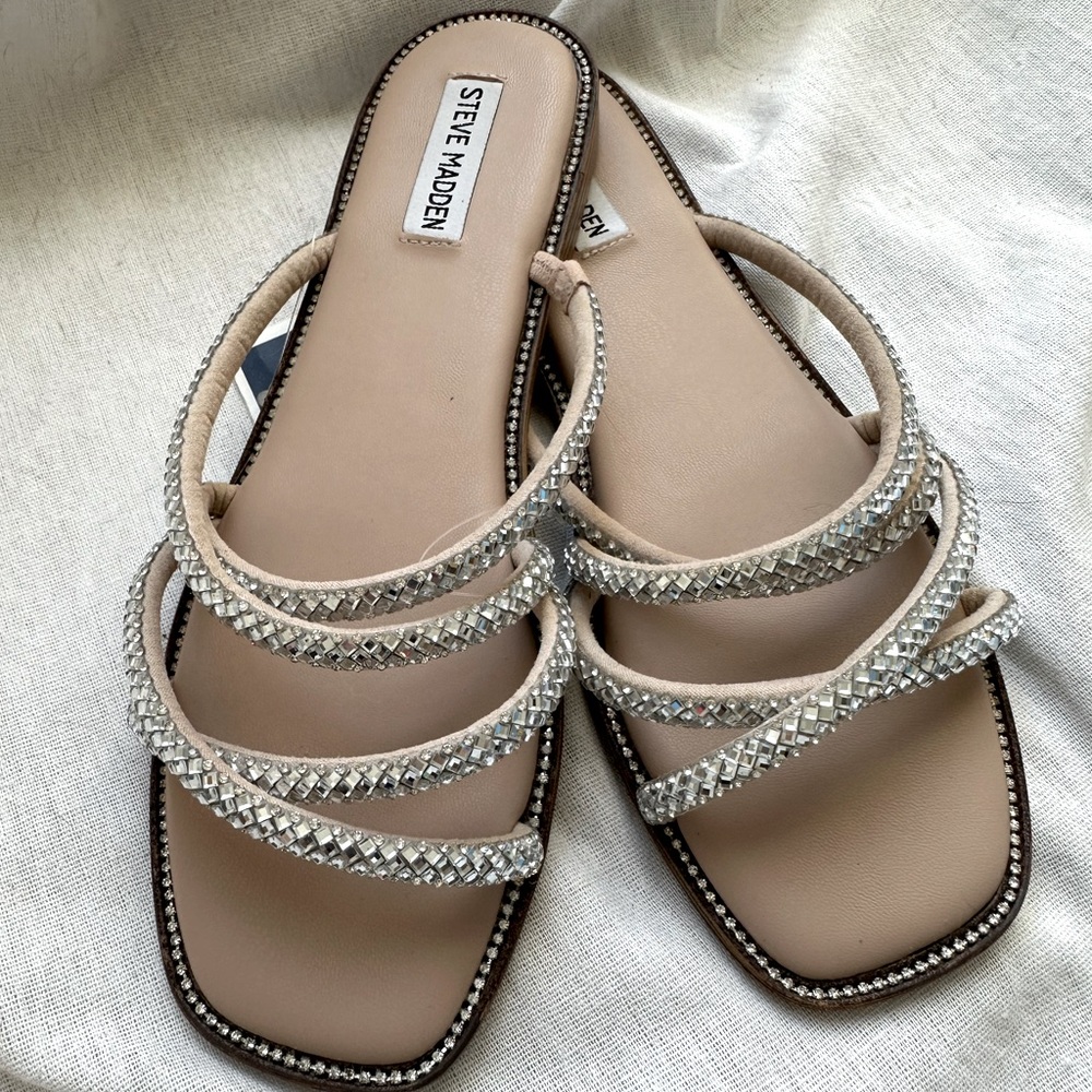 Steve Madden Starie Women's Size 9.5 Rhinestone Flat Strappy Slide Sandal Shoes
